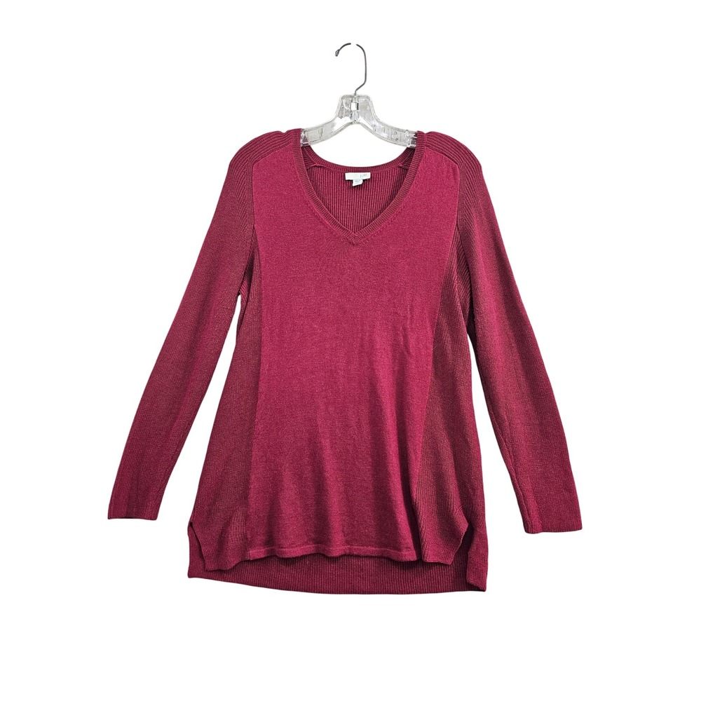 J. Jill Tunic Sweater Womens Small Petite Red Solid V-Neck Cotton Ribbed Knit